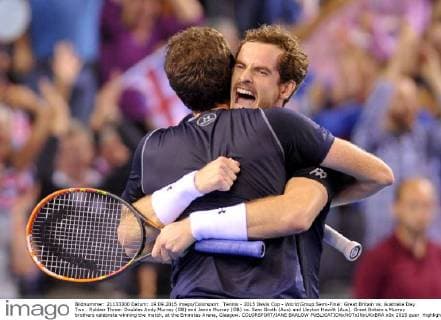 Tennis - 2015 Davis Cup - World Group Semi-Final: Great Britain vs. Australia Day Two . Rubber Three: Doubles Andy Murray (GB) and Jamie Murray (GB) vs. Sam Groth (Aus) and Lleyton Hewitt (Aus). Great Britain s Murray brothers celebrate winning the match, at the Emirates Arena, Glasgow. COLORSPORT JANE BARLOW 
