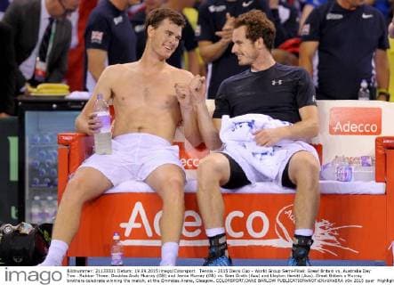 Tennis - 2015 Davis Cup - World Group Semi-Final: Great Britain vs. Australia Day Two . Rubber Three: Doubles Andy Murray (GB) and Jamie Murray (GB) vs. Sam Groth (Aus) and Lleyton Hewitt (Aus). Great Britain s Murray brothers celebrate winning the match, at the Emirates Arena, Glasgow. COLORSPORT JANE BARLOW 