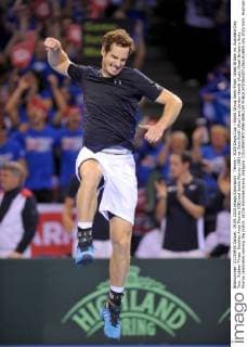 Tennis - 2015 Davis Cup - World Group Semi-Final: Great Britain vs. Australia Day Two . Rubber Three: Doubles Andy Murray (GB) and Jamie Murray (GB) vs. Sam Groth (Aus) and Lleyton Hewitt (Aus). Great Britain s Andy Murray celebrates winning the match, at the Emirates Arena, Glasgow. COLORSPORT JANE BARLOW 