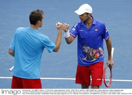 NEW DELHI, INDIA - SEPTEMBER 19: Czech Republic s Adam Pavlasek and compatroit Radek Stepanek celebrate during their tennis doubles match against India s Leander Paes and Rohan Bopanna on the second day s play of the Davis Cup play-off between India and Czech Republic at R.K. Khanna Tennis Stadium, on September 19, 2015 in New Delhi, India. (Photo by Virendra Singh Gosain Hindustan Times ) Davis Cup World Group Play-Off