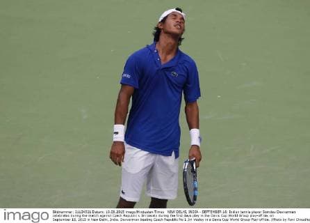 NEW DELHI, INDIA - SEPTEMBER 18: Indian tennis player Somdev Devvarman celebrates during the match against Czech Republic s Jiri Vesely during the first days play in the Davis Cup World Group play-off tie, on September 18, 2015 in New Delhi, India. Devvarman beating Czech Republic No 1 Jiri Vesley in a Davis Cup World Group Play-off tie. (Photo by Ravi Choudhary Hindustan Times ) Davis Cup World Group Play-Off