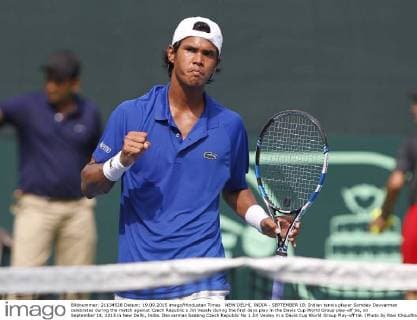 NEW DELHI, INDIA - SEPTEMBER 18: Indian tennis player Somdev Devvarman celebrates during the match against Czech Republic s Jiri Vesely during the first days play in the Davis Cup World Group play-off tie, on September 18, 2015 in New Delhi, India. Devvarman beating Czech Republic No 1 Jiri Vesley in a Davis Cup World Group Play-off tie. (Photo by Ravi Choudhary Hindustan Times ) Davis Cup World Group Play-Off