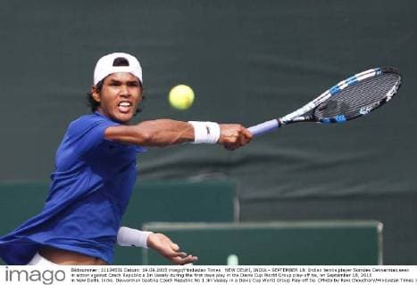 NEW DELHI, INDIA - SEPTEMBER 18: Indian tennis player Somdev Devvarman seen in action against Czech Republic s Jiri Vesely during the first days play in the Davis Cup World Group play-off tie, on September 18, 2015 in New Delhi, India. Devvarman beating Czech Republic No 1 Jiri Vesley in a Davis Cup World Group Play-off tie. (Photo by Ravi Choudhary Hindustan Times ) Davis Cup World Group Play-Off