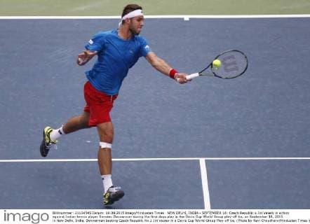 NEW DELHI, INDIA - SEPTEMBER 18: Czech Republic s Jiri Vesely in action against Indian tennis player Somdev Devvarman during the first days play in the Davis Cup World Group play-off tie, on September 18, 2015 in New Delhi, India. Devvarman beating Czech Republic No 1 Jiri Vesley in a Davis Cup World Group Play-off tie. (Photo by Ravi Choudhary Hindustan Times ) Davis Cup World Group Play-Off