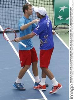 NEW DELHI, INDIA - SEPTEMBER 19: Czech Republic s Adam Pavlasek and compatroit Radek Stepanek celebrate during their tennis doubles match against India s Leander Paes and Rohan Bopanna on the second day s play of the Davis Cup play-off between India and Czech Republic at R.K. Khanna Tennis Stadium, on September 19, 2015 in New Delhi, India. (Photo by Virendra Singh Gosain Hindustan Times ) Davis Cup World Group Play-Off