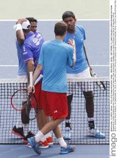 NEW DELHI, INDIA - SEPTEMBER 19: Czech Republic s Adam Pavlasek and Radek Stepanek to Indian doubles partner Rohan Bopanna, and Leander Paes during their doubles tennis match of Davis Cup World Group play-off tie at R.K. Khanna Tennis Stadium, on September 19, 2015 in New Delhi, India. (Photo by Virendra Singh Gosain Hindustan Times ) Davis Cup World Group Play-Off