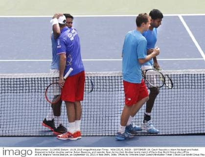 NEW DELHI, INDIA - SEPTEMBER 19: Czech Republic s Adam Pavlasek and Radek Stepanek to Indian doubles partner Rohan Bopanna, and Leander Paes during their doubles tennis match of Davis Cup World Group play-off tie at R.K. Khanna Tennis Stadium, on September 19, 2015 in New Delhi, India. (Photo by Virendra Singh Gosain Hindustan Times ) Davis Cup World Group Play-Off