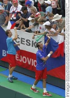NEW DELHI, INDIA - SEPTEMBER 19: Czech Republic s Adam Pavlasek and Radek Stepanek celebrate with teammates and supporters after winning doubles tennis match against India s Rohan Bopanna and Leander Paes during the second days play at the Davis Cup World Group play-off tie at R.K. Khanna Tennis Stadium, on September 19, 2015 in New Delhi, India. (Photo by Virendra Singh Gosain Hindustan Times ) Davis Cup World Group Play-Off