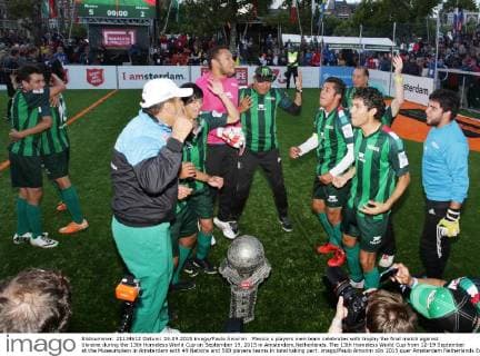 Mexico s players men team celebrates with trophy the final match against Ukraine during the 13th Homeless World Cup on September 19, 2015 in Amsterdam,Netherlands. The 13th Homeless World Cup from 12-19 September at the Museumplein in Amsterdam with 49 Nations and 500 players teams in total taking part. imago Paulo Amorim