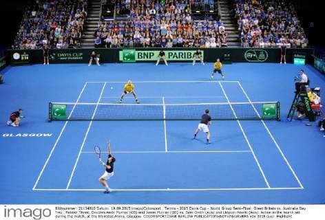 Tennis - 2015 Davis Cup - World Group Semi-Final: Great Britain vs. Australia Day Two . Rubber Three: Doubles Andy Murray (GB) and Jamie Murray (GB) vs. Sam Groth (Aus) and Lleyton Hewitt (Aus). Action in the fourth set during the match, at the Emirates Arena, Glasgow. COLORSPORT JANE BARLOW 