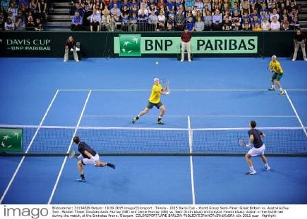 Tennis - 2015 Davis Cup - World Group Semi-Final: Great Britain vs. Australia Day Two . Rubber Three: Doubles Andy Murray (GB) and Jamie Murray (GB) vs. Sam Groth (Aus) and Lleyton Hewitt (Aus). Action in the fourth set during the match, at the Emirates Arena, Glasgow. COLORSPORT JANE BARLOW 