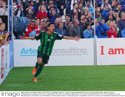 Mexico s player celebrates his goal during the final match against Ukraine during the 13th Homeless World Cup on September 19, 2015 in Amsterdam,Netherlands. The 13th Homeless World Cup from 12-19 September at the Museumplein in Amsterdam with 49 Nations and 500 players teams in total taking part. imago Paulo Amorim