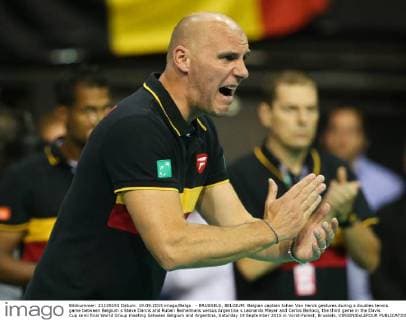- BRUSSELS, BELGIUM: Belgian captain Johan Van Herck gestures during a doubles tennis game between Belgium s Steve Darcis and Ruben Bemelmans versus Argentina s Leonardo Mayer and Carlos Berlocq, the third game in the Davis Cup semi final World Group meeting between Belgium and Argentina, Saturday 19 September 2015 in Vorst-Forest, Brussels. VIRGINIExLEFOUR  x04703751x