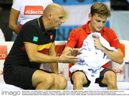- BRUSSELS, BELGIUM: Belgian captain Johan Van Herck and Belgian David Goffin pictured during a tennis game between Belgium s David Goffin and Argentina s Leonardo Mayer, game four in the Davis Cup semi final World Group meeting between Belgium and Argentina, Sunday 20 September 2015 in Vorst-Forest, Brussels. VIRGINIExLEFOUR  x04704413x