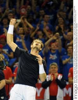 Tennis - 2015 Davis Cup - World Group Semi-Final: Great Britain vs. Australia Day Three . Rubber Four: Singles Andy Murray (GB) vs. Bernard Tomic (Aus). Great Britain s Andy Murray celebrates winning the match at the Emirates Arena, Glasgow. COLORSPORT JANE BARLOW 