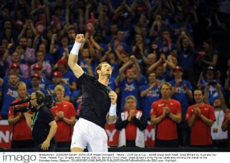 Tennis - 2015 Davis Cup - World Group Semi-Final: Great Britain vs. Australia Day Three . Rubber Four: Singles Andy Murray (GB) vs. Bernard Tomic (Aus). Great Britain s Andy Murray celebrates winning the match at the Emirates Arena, Glasgow. COLORSPORT JANE BARLOW 