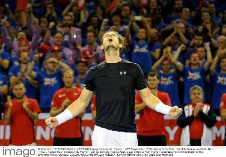 Tennis - 2015 Davis Cup - World Group Semi-Final: Great Britain vs. Australia Day Three . Rubber Four: Singles Andy Murray (GB) vs. Bernard Tomic (Aus). Great Britain s Andy Murray celebrates winning the match at the Emirates Arena, Glasgow. COLORSPORT JANE BARLOW 