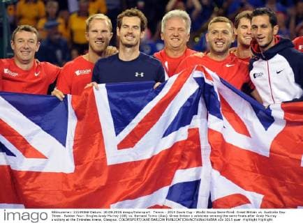 Tennis - 2015 Davis Cup - World Group Semi-Final: Great Britain vs. Australia Day Three . Rubber Four: Singles Andy Murray (GB) vs. Bernard Tomic (Aus). Great Britain s celebrate winning the semi-finals after Andy Murray s victory at the Emirates Arena, Glasgow. COLORSPORT JANE BARLOW 