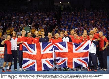 Tennis - 2015 Davis Cup - World Group Semi-Final: Great Britain vs. Australia Day Three . Rubber Four: Singles Andy Murray (GB) vs. Bernard Tomic (Aus). Great Britain s celebrate winning the semi-finals after Andy Murray s victory at the Emirates Arena, Glasgow. COLORSPORT JANE BARLOW 