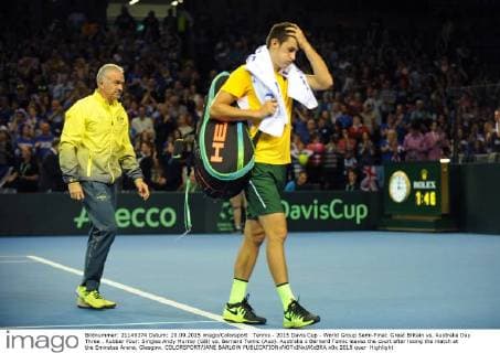 Tennis - 2015 Davis Cup - World Group Semi-Final: Great Britain vs. Australia Day Three . Rubber Four: Singles Andy Murray (GB) vs. Bernard Tomic (Aus). Australia s Bernard Tomic leaves the court after losing the match at the Emirates Arena, Glasgow. COLORSPORT JANE BARLOW 