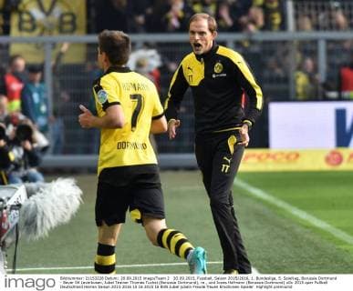 20.09.2015, Fussball, Saison 2015 2016, 1. Bundesliga, 5. Spieltag, Borussia Dortmund - Bayer 04 Leverkusen, Jubel Trainer Thomas Tuchel (Borussia Dortmund), re., und Jonas Hofmann (Borussia Dortmund)