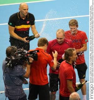 - BRUSSELS, BELGIUM: Belgian captain Johan Van Herck, Belgian David Goffin, Belgian Steve Darcis, Belgian Kimmer Coppejans and Belgian Ruben Bemelmans celebrate after winning a tennis game between Belgium s Steve Darcis and Argentina s Federico Delbonis, the fifth and last game in the Davis Cup semi final World Group meeting between Belgium and Argentina, Sunday 20 September 2015 in Vorst-Forest, Brussels. VIRGINIExLEFOUR  x04704723x