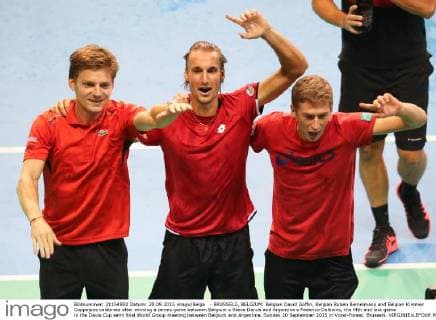 - BRUSSELS, BELGIUM: Belgian David Goffin, Belgian Ruben Bemelmans and Belgian Kimmer Coppejans celebrate after winning a tennis game between Belgium s Steve Darcis and Argentina s Federico Delbonis, the fifth and last game in the Davis Cup semi final World Group meeting between Belgium and Argentina, Sunday 20 September 2015 in Vorst-Forest, Brussels. VIRGINIExLEFOUR  x04704758x