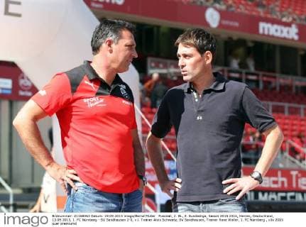 Fussball, 2. BL, 2. Bundesliga, Saison 2015 2016, Herren, Deutschland, 13.09.2015, 1. FC Nürnberg - SV Sandhausen 2-0, v.l. Trainer Alois Schwartz, SV Sandhausen, Trainer Rene Weiler, 1. FC Nürnberg ,