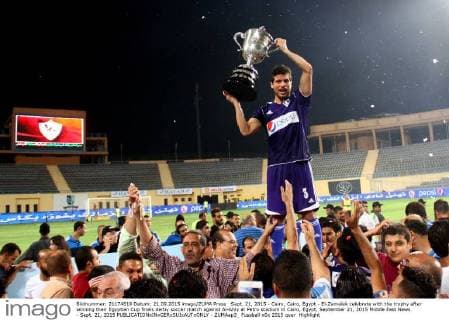 Sept. 21, 2015 - Cairo, Cairo, Egypt - El-Zamalek celebrate with the trophy after winning their Egyptian Cup finals derby soccer match against Al-Ahly at Petro stadium in Cairo, Egypt, September 21, 2015 Middle East News - Sept. 21, 2015 - ZUMAap3_