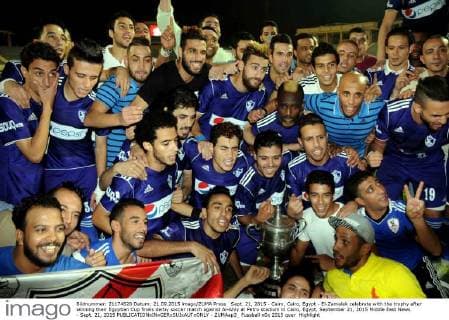 Sept. 21, 2015 - Cairo, Cairo, Egypt - El-Zamalek celebrate with the trophy after winning their Egyptian Cup finals derby soccer match against Al-Ahly at Petro stadium in Cairo, Egypt, September 21, 2015 Middle East News - Sept. 21, 2015 - ZUMAap3_