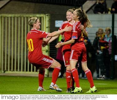 - LEUVEN, BELGIUM: belgian players pictured celebrating after scoring a quick 1-0 during a Euro2017 qualification match between the Red Flames Belgian national women soccer team, and Bosnia and Herzegovina, Tuesday 22 September 2015 in Leuven. DAVIDxCATRY  x04705817x