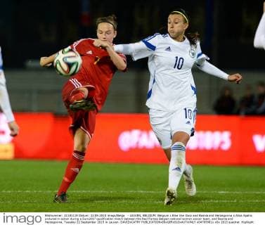 - LEUVEN, BELGIUM: Belgium s Elke Van Gorp and Bosnia and Herzegovina s Alisa Spahic pictured in action during a Euro2017 qualification match between the Red Flames Belgian national women soccer team, and Bosnia and Herzegovina, Tuesday 22 September 2015 in Leuven. DAVIDxCATRY  x04705981x