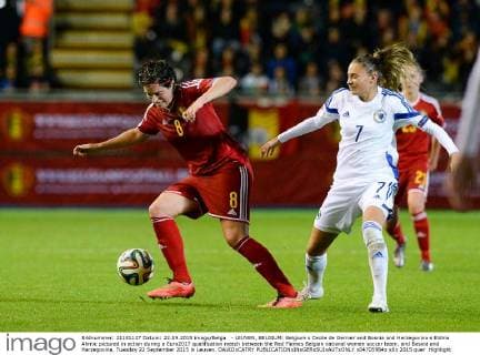 - LEUVEN, BELGIUM: Belgium s Cecile de Gernier and Bosnia and Herzegovina s Eldina Ahmic pictured in action during a Euro2017 qualification match between the Red Flames Belgian national women soccer team, and Bosnia and Herzegovina, Tuesday 22 September 2015 in Leuven. DAVIDxCATRY  x04705984x
