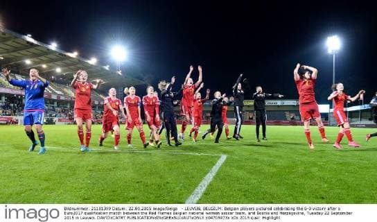 - LEUVEN, BELGIUM: Belgian players pictured celebrating the 6-0 victory after a Euro2017 qualification match between the Red Flames Belgian national women soccer team, and Bosnia and Herzegovina, Tuesday 22 September 2015 in Leuven. DAVIDxCATRY  x04705973x