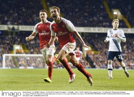 Football - 2015 2016 Capital One League Cup - Third Round: Tottenham Hotspur vs. Arsenal Mathieu Flamini Arsenal celebrates scoring his 2nd goal at White Hart Lane. COLORSPORT ANDREW COWIE 