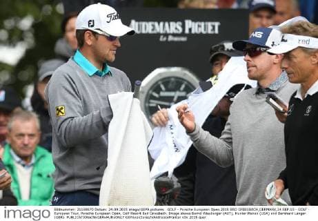 GOLF - Porsche European Open 2015 BAD GRIESBACH,GERMANY,24.SEP.15 - GOLF - European Tour, Porsche European Open, Golf Resort Bad Griesbach. Image shows Bernd Wiesberger (AUT), Hunter Mahan (USA) and Bernhard Langer (GER). GEPAxpictures xAndreasxPranter