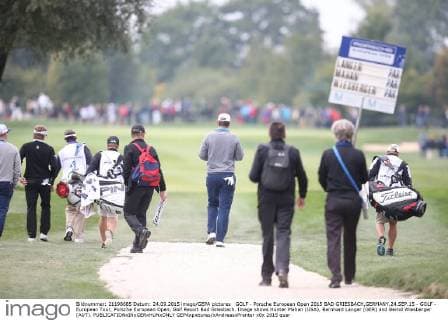 GOLF - Porsche European Open 2015 BAD GRIESBACH,GERMANY,24.SEP.15 - GOLF - European Tour, Porsche European Open, Golf Resort Bad Griesbach. Image shows Hunter Mahan (USA), Bernhard Langer (GER) and Bernd Wiesberger (AUT). GEPAxpictures xAndreasxPranter