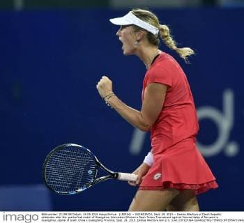 (150924) -- GUANGZHOU, Sept. 24, 2015 -- Denisa Allertova of Czech Republic celebrates after the quarterfinal match of Guangzhou Internationl Women s Open Tennis Tournament against Simona Halep of Romania in Guangzhou, capital of south China s Guangdong Province, Sept. 24, 2015. Denisa Allertova won 2-0. )(wll) (SP)CHINA-GUANGZHOU-TENNIS-INTERNATIONAL WOMEN S OPEN-QUARTERFINAL LiangxXu 