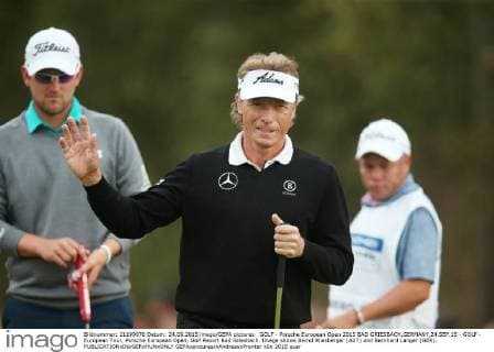 GOLF - Porsche European Open 2015 BAD GRIESBACH,GERMANY,24.SEP.15 - GOLF - European Tour, Porsche European Open, Golf Resort Bad Griesbach. Image shows Bernd Wiesberger (AUT) and Bernhard Langer (GER). GEPAxpictures xAndreasxPranter
