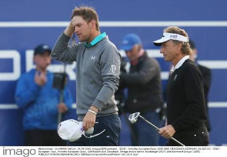 GOLF - Porsche European Open 2015 BAD GRIESBACH,GERMANY,24.SEP.15 - GOLF - European Tour, Porsche European Open, Golf Resort Bad Griesbach. Image shows Bernd Wiesberger (AUT) and Bernhard Langer (GER). GEPAxpictures xAndreasxPranter