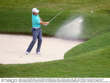 Sept. 24, 2015 - Atlanta, GA, USA - Rory McIIroy hits from the trap to the second green making a bogey on the hole during the Tour Championship at East Lake Golf Club on Thusday, Sept. 24, 2015, in Atlanta, Ga. Watson was able to scramble to save his par on the hole. Tour Championship - ZUMAm67_