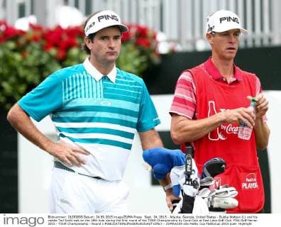 Sept. 24, 2015 - Atlanta, Georgia, United States - Bubba Watson (L) and his caddie Ted Scott wait on the 18th hole during the first round of the TOUR Championship by Coca-Cola at East Lake Golf Club. PGA Golf Herren 2015 - TOUR Championship - Round 1 - ZUMAw109
