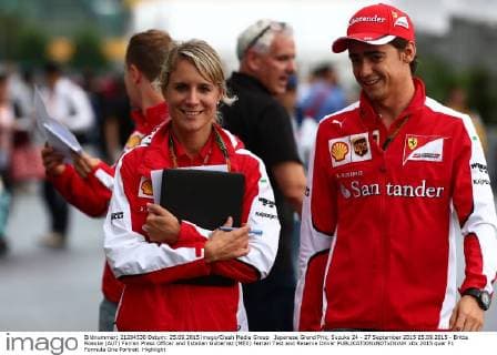 Japanese Grand Prix, Suzuka 24 - 27 September 2015 25.09.2015 - Britta Roeske (AUT) Ferrari Press Officer and Esteban Gutierrez (MEX) Ferrari Test and Reserve Driver 