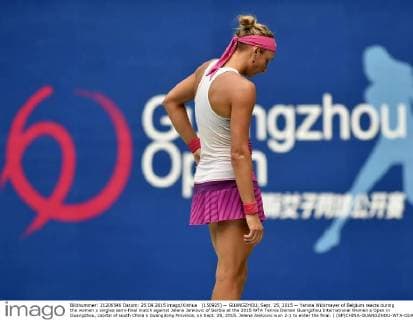 (150925) -- GUANGZHOU, Sept. 25, 2015 -- Yanina Wickmayer of Belgium reacts during the women s singles semi-final match against Jelena Jankovic of Serbia at the 2015 WTA Tennis Damen Guangzhou International Women s Open in Guangzhou, capital of south China s Guangdong Province, on Sept. 25, 2015. Jelena Jankovic won 2-1 to enter the final. ) (SP)CHINA-GUANGZHOU-WTA-GUANGZHOU OPEN (CN) LiangxXu 