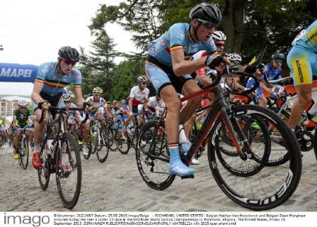 - RICHMOND, UNITED STATES: Belgian Nathan Van Hooydonck and Belgian Daan Myngheer pictured during the men s Under 23 race at the UCI Road World Cycling championships in Richmond, Virginia, The United States, Friday 25 September 2015. DIRKxWAEM  x04708122x