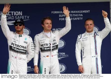 Japanese Grand Prix, Suzuka 24 - 27 September 2015 26.09.2015 - Qualifying, 2nd position Lewis Hamilton (GBR) Mercedes AMG F1 W06, Nico Rosberg (GER) Mercedes AMG F1 W06 pole position and 3rd position Valtteri Bottas (FIN) Williams F1 Team FW37 