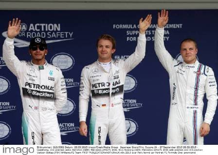 Japanese Grand Prix, Suzuka 24 - 27 September 2015 26.09.2015 - Qualifying, 2nd position Lewis Hamilton (GBR) Mercedes AMG F1 W06, Nico Rosberg (GER) Mercedes AMG F1 W06 pole position and 3rd position Valtteri Bottas (FIN) Williams F1 Team FW37 