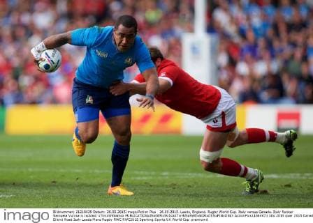 26.09.2015. Leeds, England. Rugby World Cup. Italy versus Canada. Italy flanker Samuela Vunisa is tackled. xTimxWilliamsx  ActionPlus11664671