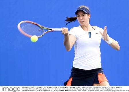 WUHAN, CHINA - SEPTEMBER 26: (CHINA OUT) Christina Mchale of American returns a shot against Mariana Duque-Marino of Colombia in the second round of Qualifying during the 2015 Wuhan Open at Optics Vally International Tennis Center on September 26, 2015 in Wuhan, Hubei Province of China.  CFP473461359 