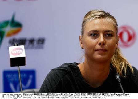 WUHAN, CHINA - SEPTEMBER 26: (CHINA OUT) Maria Sharapova of Russia addresses a new conference during the 2015 Wuhan Open at Optics Vally International Tennis Center on September 26, 2015 in Wuhan, Hubei Province of China.  CFP473455365 